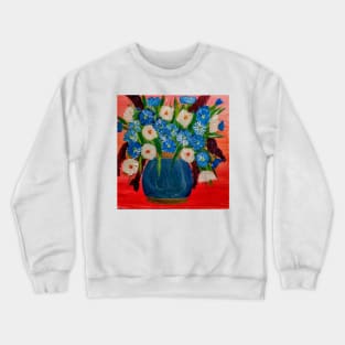 Some mixed abstract flowers in a blue and gold vase Crewneck Sweatshirt